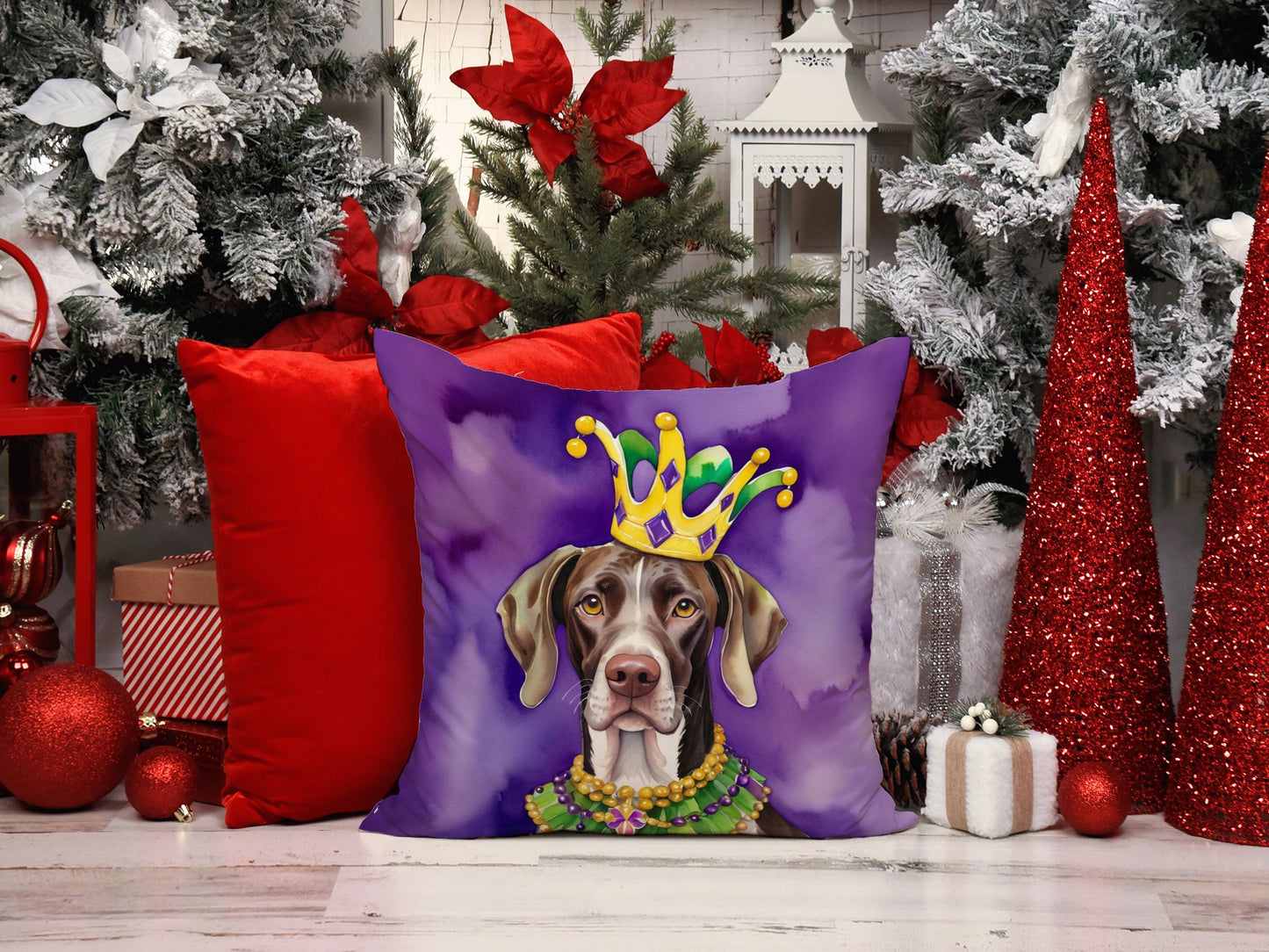 German Shorthaired Pointer King of Mardi Gras Throw Pillow Machine Washable, Indoor Outdoor Decorative Pillow for Couch, Bed or Patio, 14Hx14W