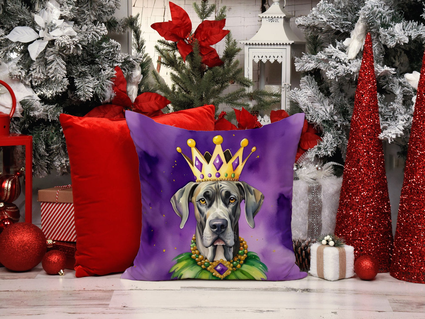 Great Dane King of Mardi Gras Throw Pillow Machine Washable, Indoor Outdoor Decorative Pillow for Couch, Bed or Patio, 14Hx14W