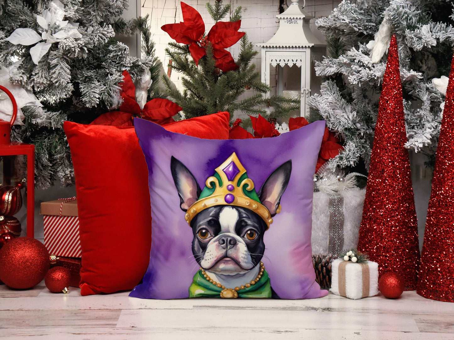 Boston Terrier King of Mardi Gras Throw Pillow Machine Washable, Indoor Outdoor Decorative Pillow for Couch, Bed or Patio, 14Hx14W