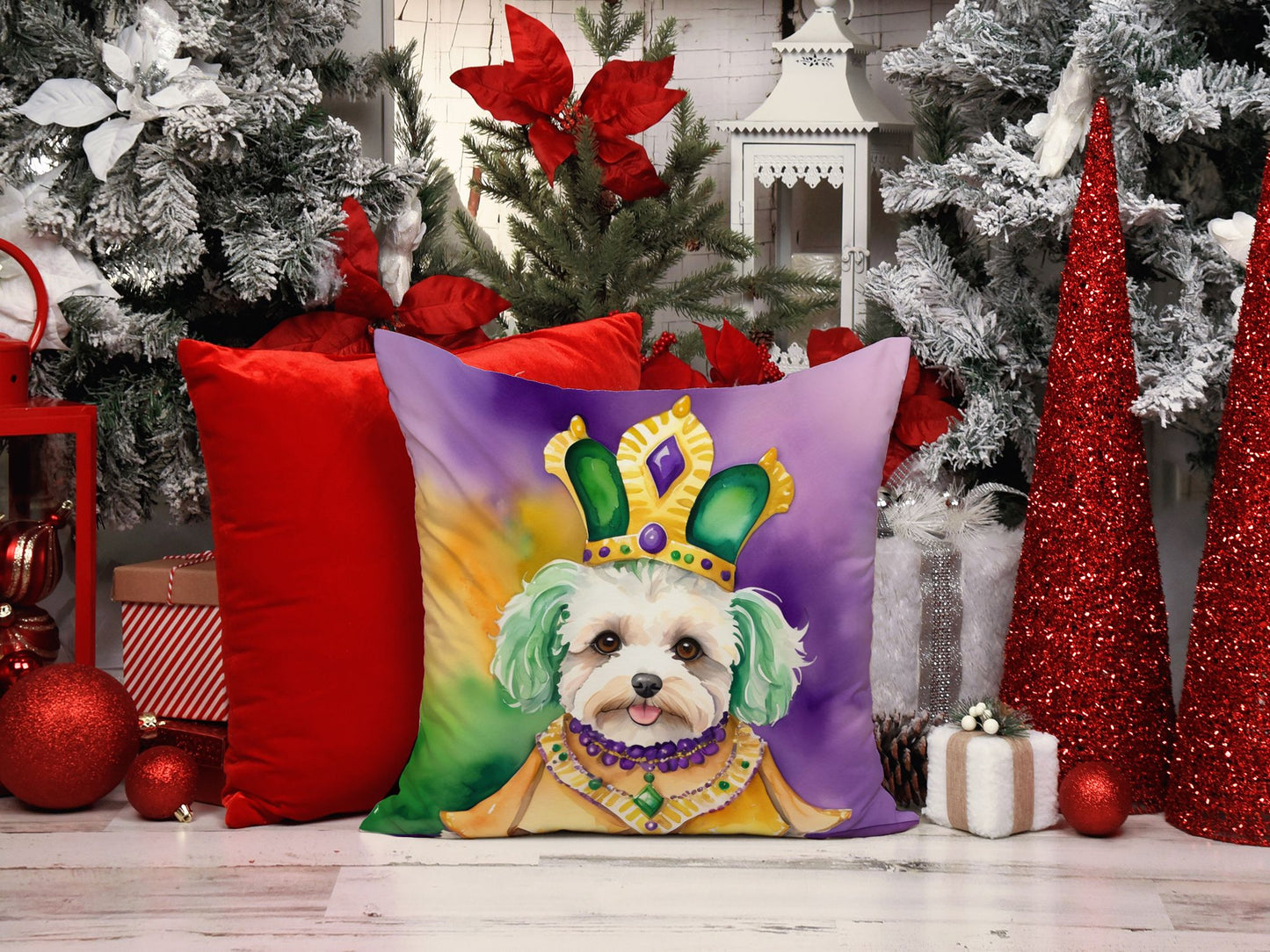Maltipoo King of Mardi Gras Throw Pillow Machine Washable, Indoor Outdoor Decorative Pillow for Couch, Bed or Patio, 14Hx14W