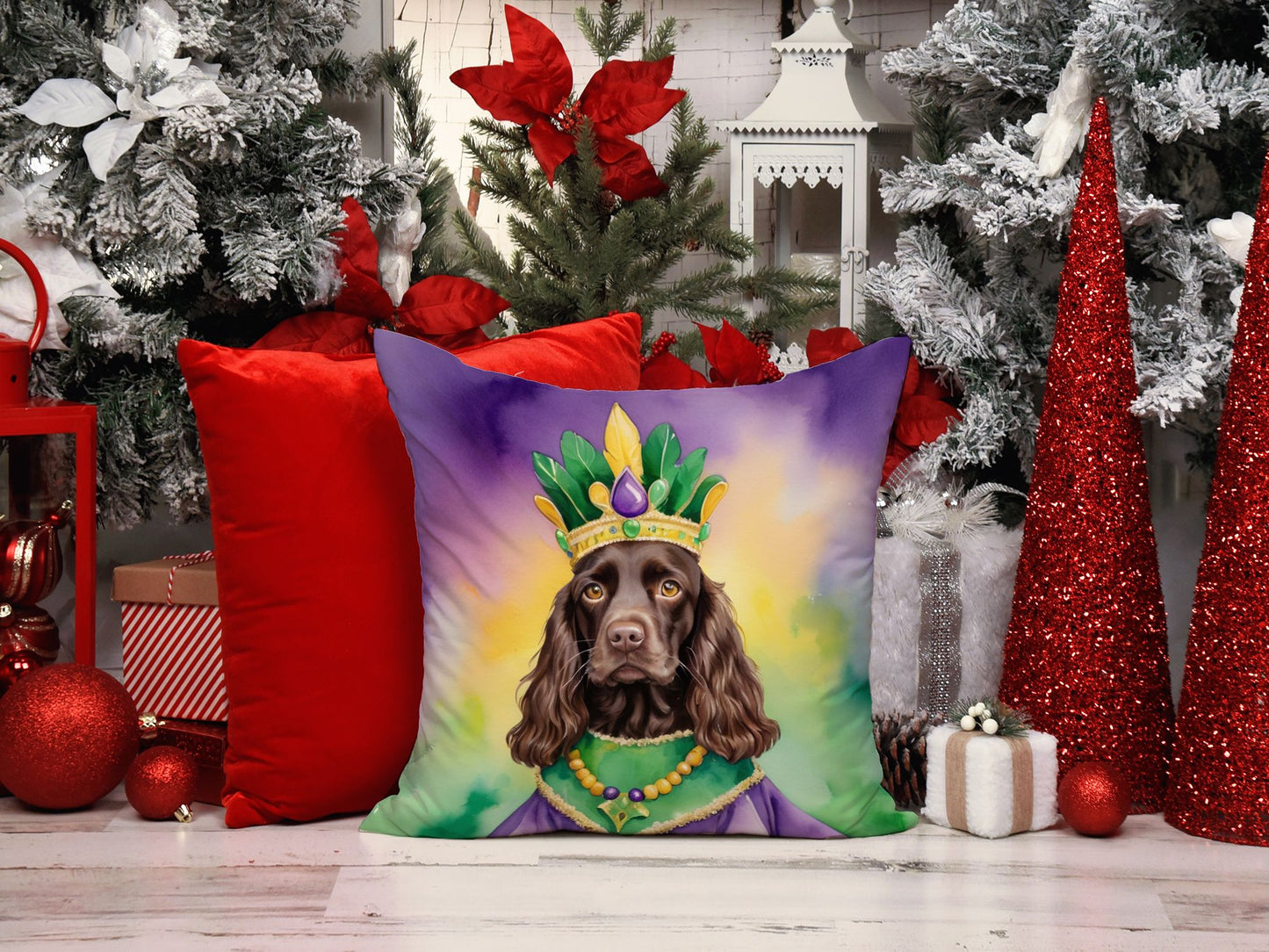 Boykin Spaniel King of Mardi Gras Throw Pillow Machine Washable, Indoor Outdoor Decorative Pillow for Couch, Bed or Patio, 14Hx14W
