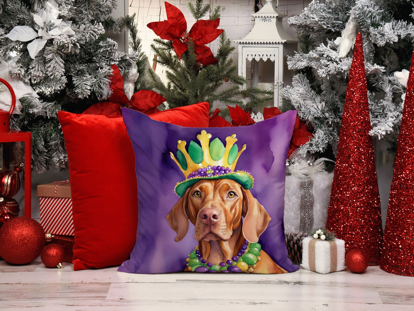 Vizsla King of Mardi Gras Throw Pillow Machine Washable, Indoor Outdoor Decorative Pillow for Couch, Bed or Patio, 14Hx14W