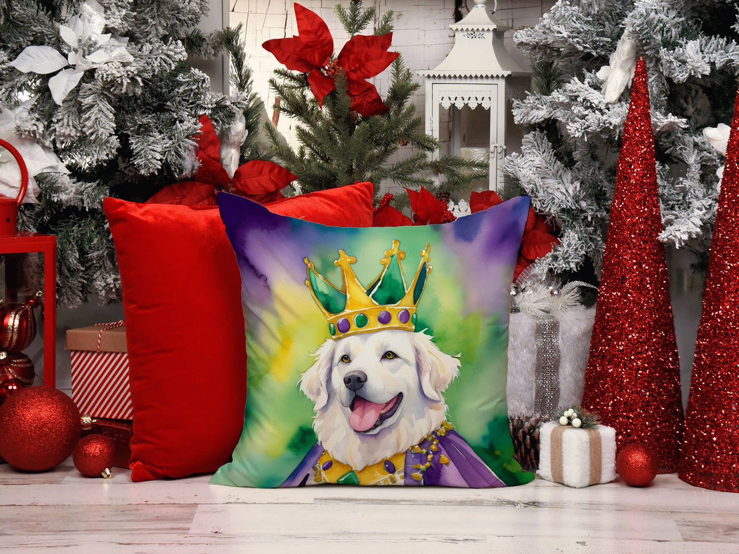 Kuvasz King of Mardi Gras Throw Pillow Machine Washable, Indoor Outdoor Decorative Pillow for Couch, Bed or Patio, 14Hx14W