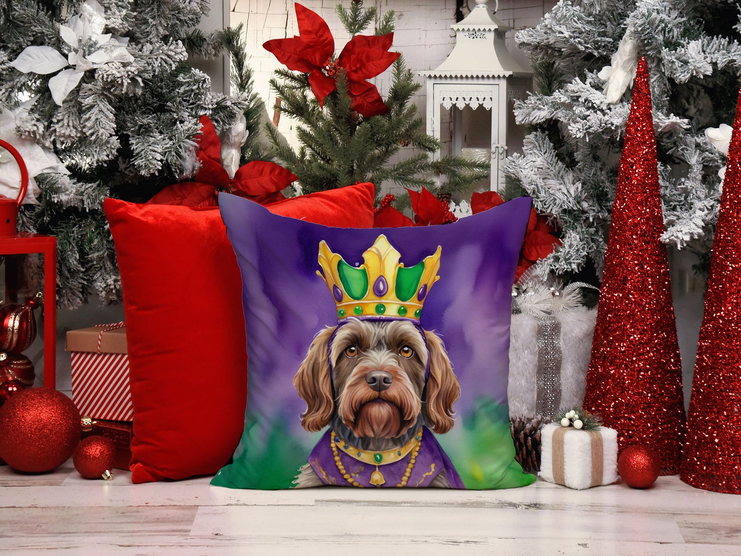 Wirehaired Pointing Griffon King of Mardi Gras Throw Pillow Machine Washable, Indoor Outdoor Decorative Pillow for Couch, Bed or Patio, 14Hx14W
