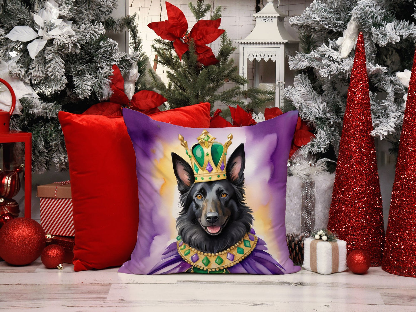 Belgian Sheepdog King of Mardi Gras Throw Pillow Machine Washable, Indoor Outdoor Decorative Pillow for Couch, Bed or Patio, 14Hx14W
