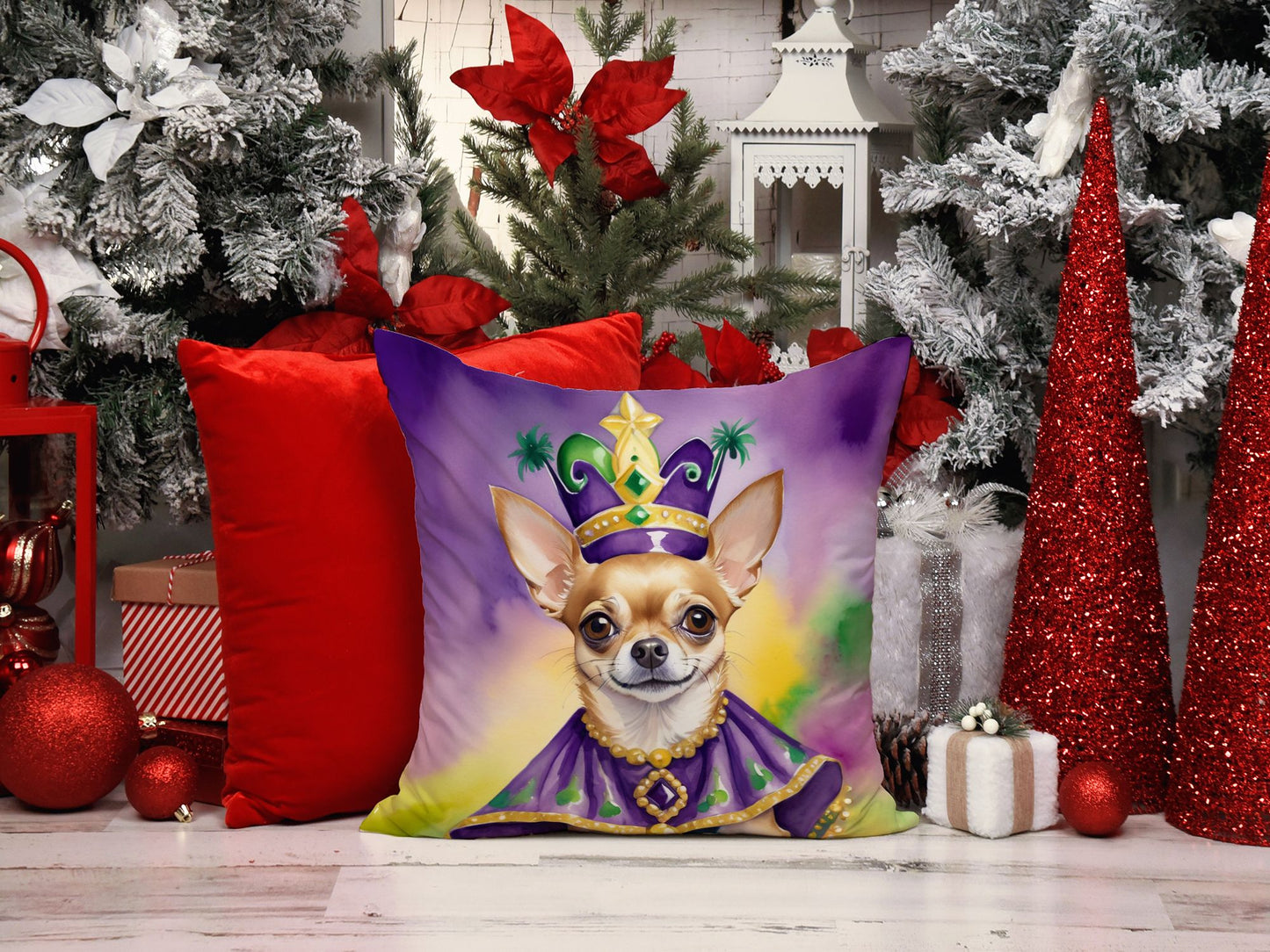 Chihuahua King of Mardi Gras Throw Pillow Machine Washable, Indoor Outdoor Decorative Pillow for Couch, Bed or Patio, 14Hx14W