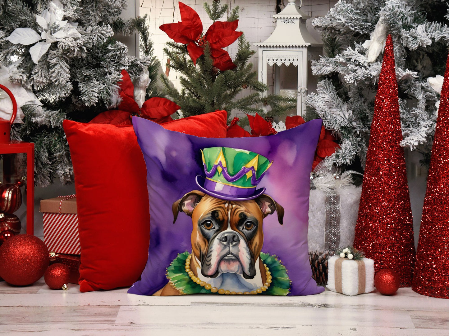 Boxer King of Mardi Gras Throw Pillow Machine Washable, Indoor Outdoor Decorative Pillow for Couch, Bed or Patio, 14Hx14W