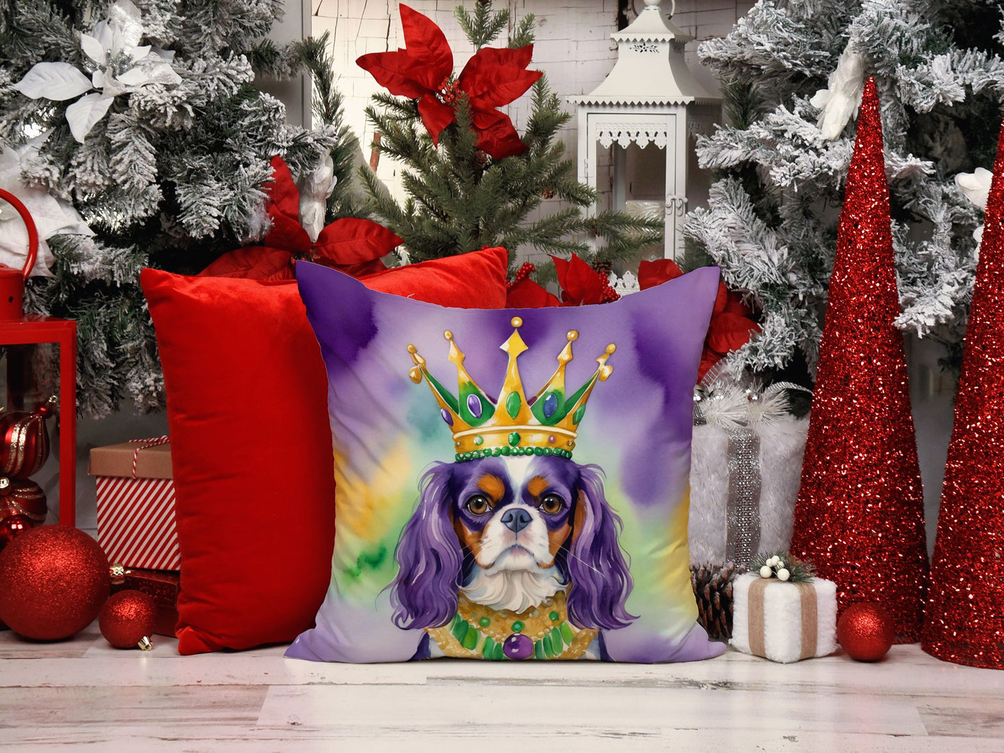 Cavalier Spaniel King of Mardi Gras Throw Pillow Machine Washable, Indoor Outdoor Decorative Pillow for Couch, Bed or Patio, 14Hx14W