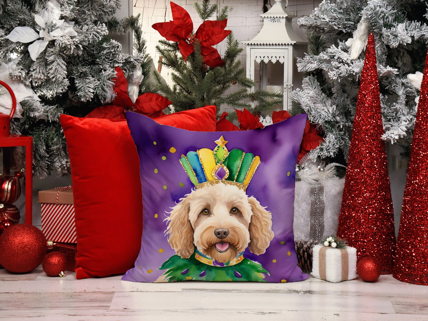 Labradoodle King of Mardi Gras Throw Pillow Machine Washable, Indoor Outdoor Decorative Pillow for Couch, Bed or Patio, 14Hx14W