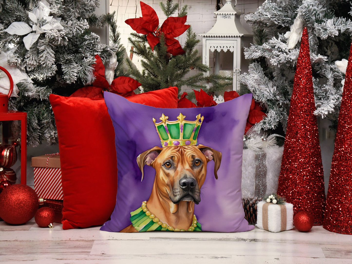 Rhodesian Ridgeback King of Mardi Gras Throw Pillow Machine Washable, Indoor Outdoor Decorative Pillow for Couch, Bed or Patio, 14Hx14W