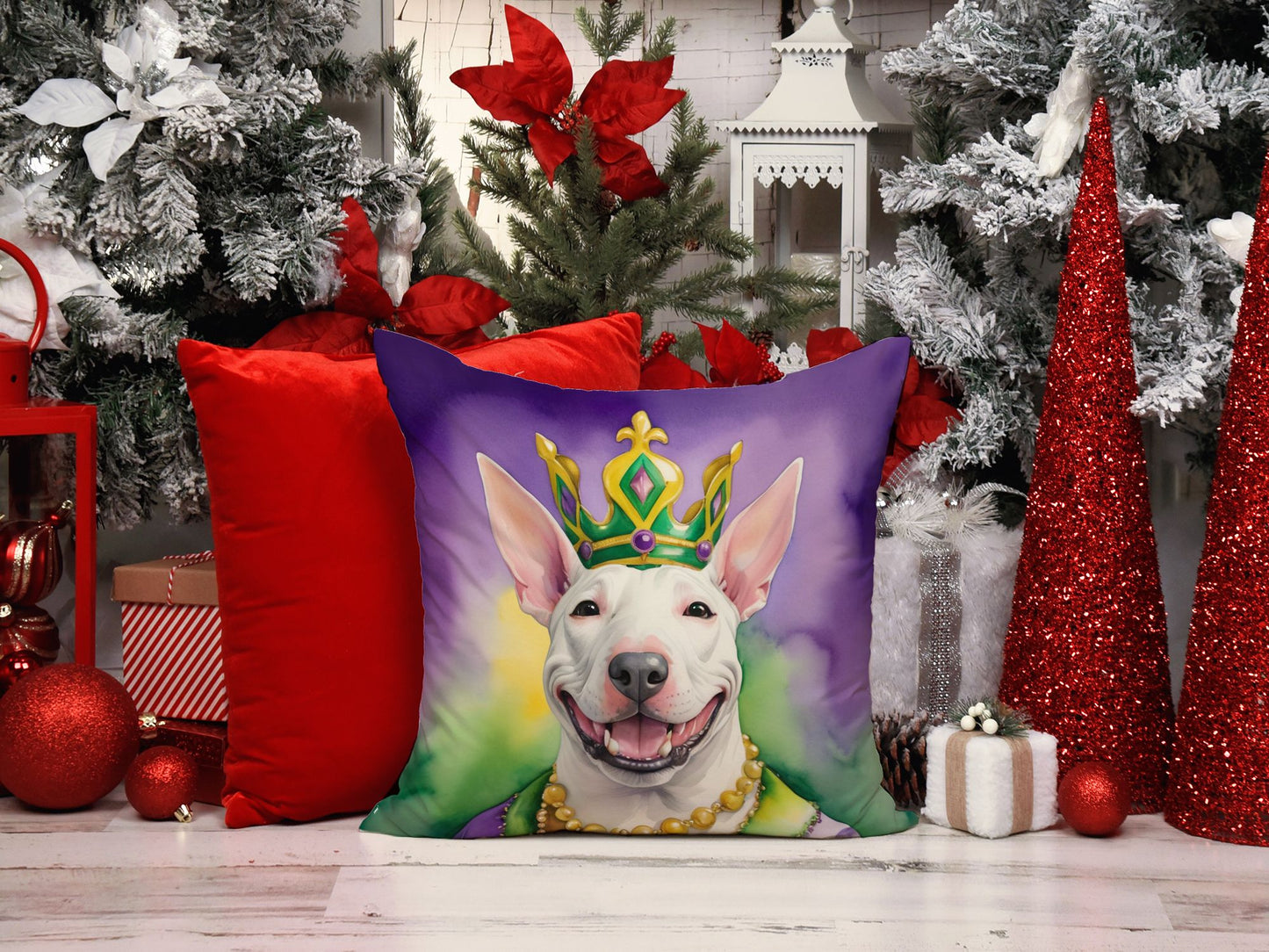 Bull Terrier King of Mardi Gras Throw Pillow Machine Washable, Indoor Outdoor Decorative Pillow for Couch, Bed or Patio, 14Hx14W