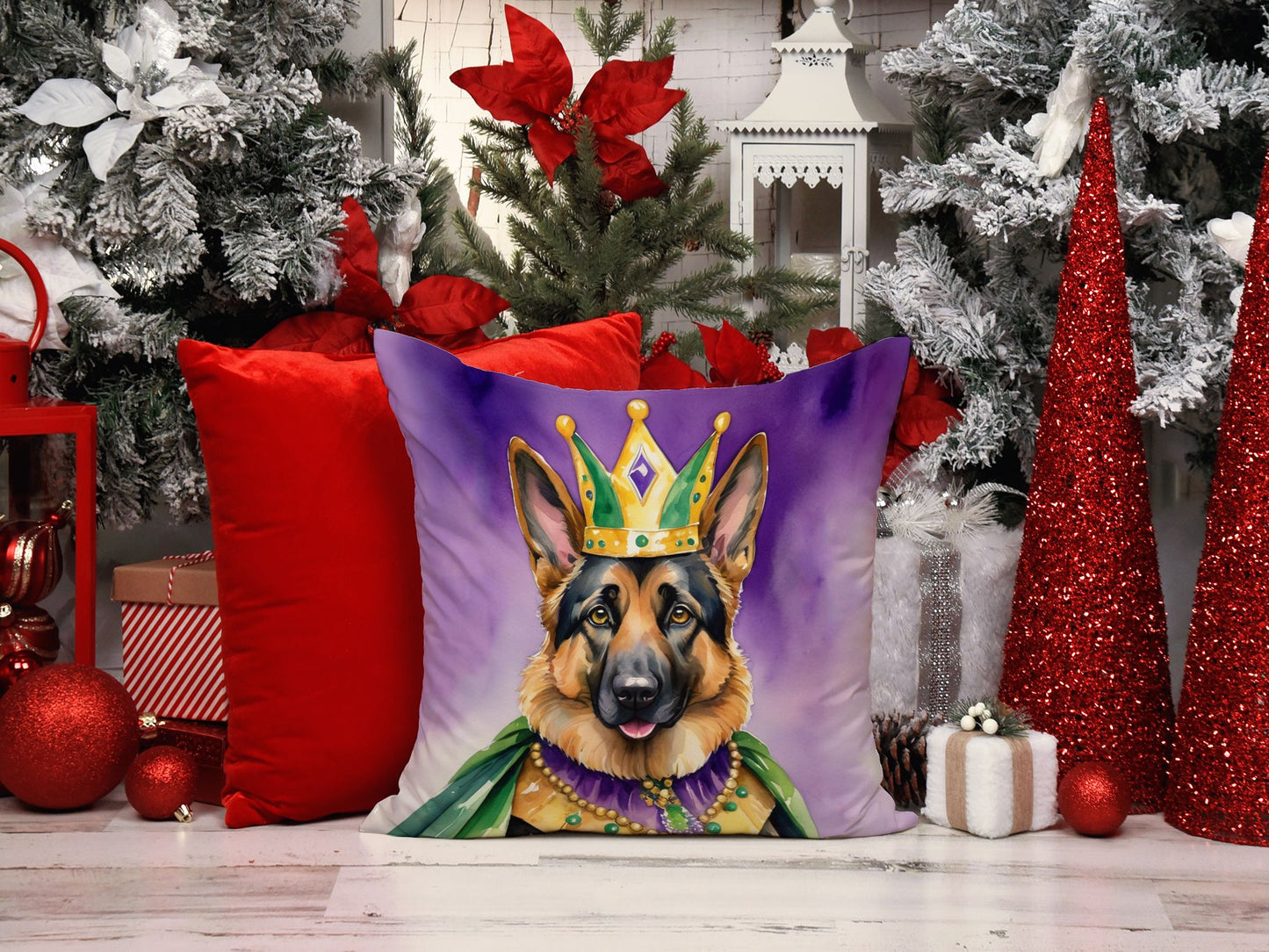 German Shepherd King of Mardi Gras Throw Pillow Machine Washable, Indoor Outdoor Decorative Pillow for Couch, Bed or Patio, 14Hx14W