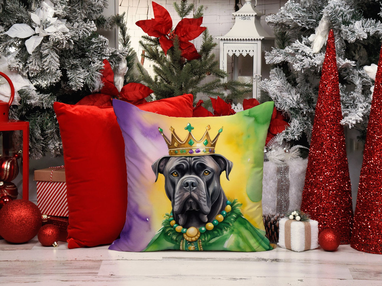 Cane Corso King of Mardi Gras Throw Pillow Machine Washable, Indoor Outdoor Decorative Pillow for Couch, Bed or Patio, 14Hx14W