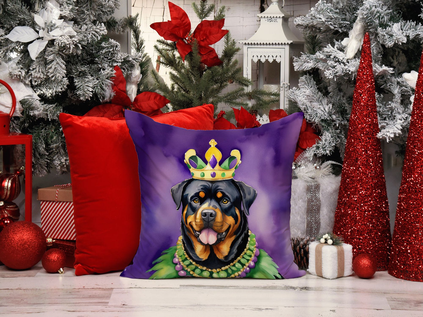 Rottweiler King of Mardi Gras Throw Pillow Machine Washable, Indoor Outdoor Decorative Pillow for Couch, Bed or Patio, 14Hx14W