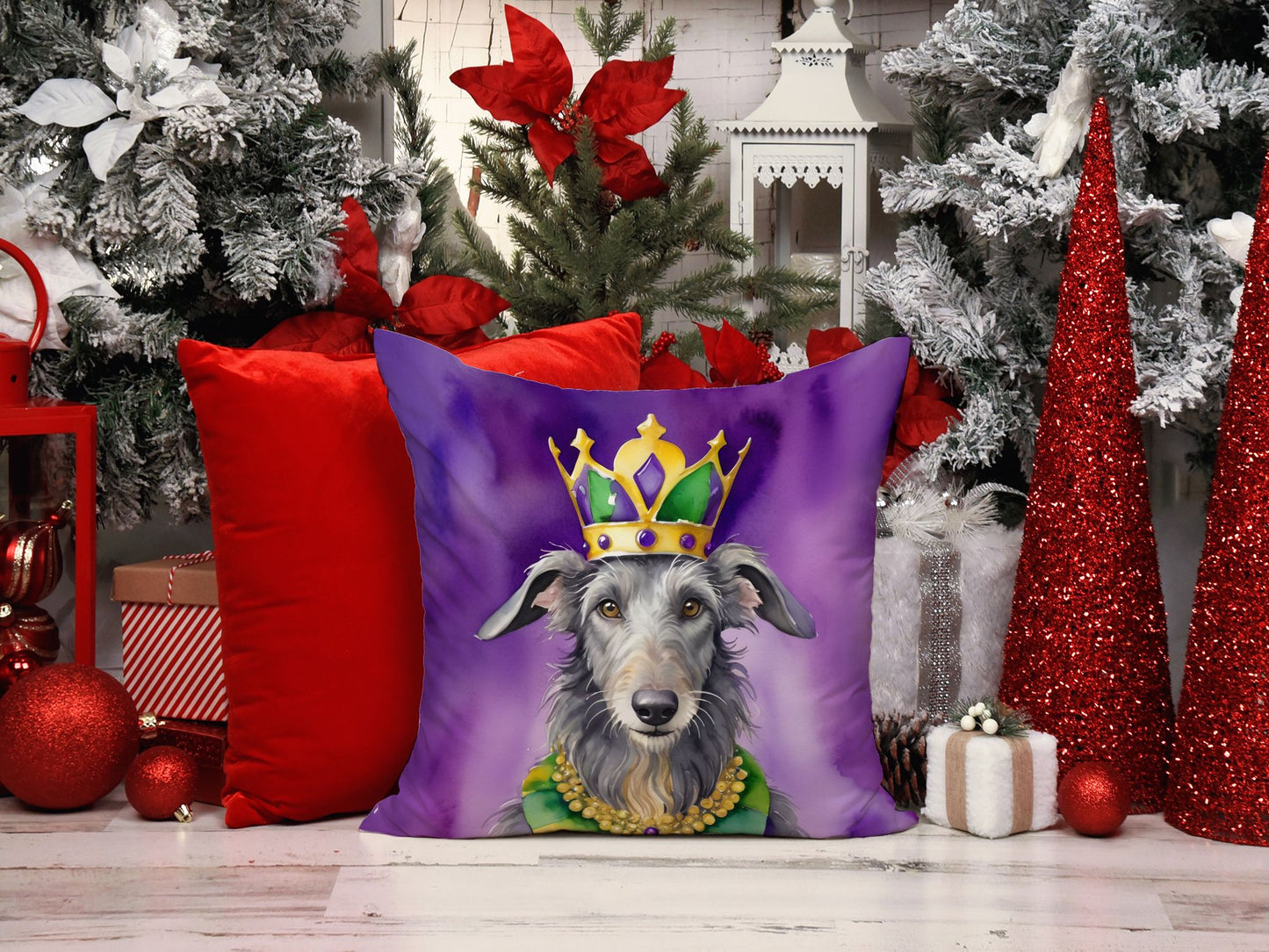 Scottish Deerhound King of Mardi Gras Throw Pillow Machine Washable, Indoor Outdoor Decorative Pillow for Couch, Bed or Patio, 14Hx14W