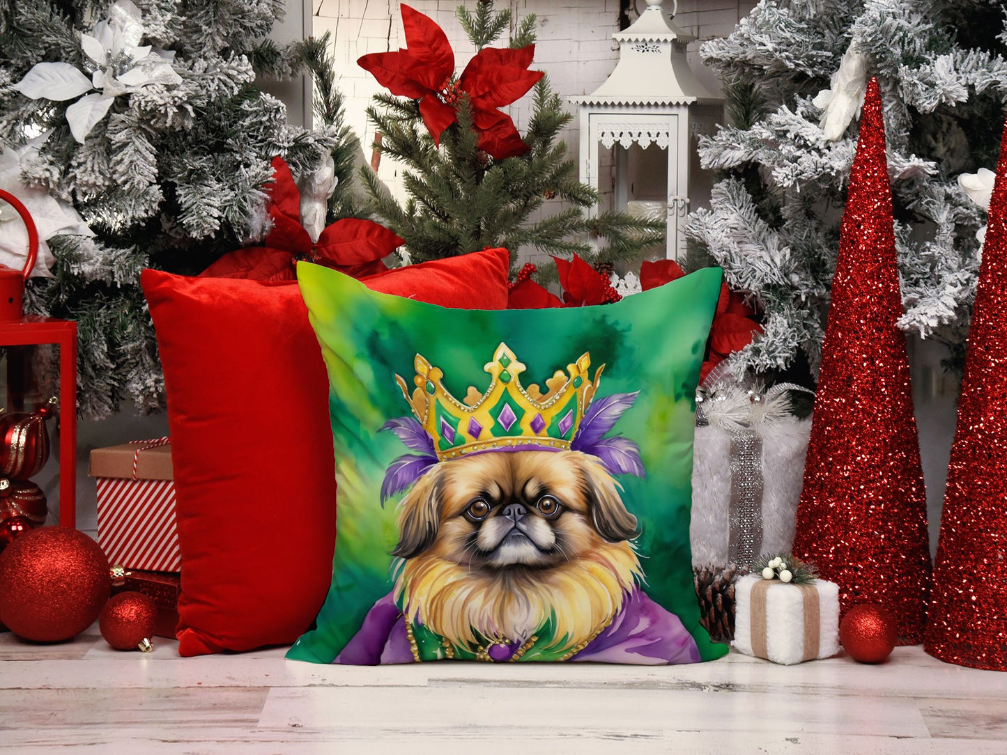 Pekingese King of Mardi Gras Throw Pillow Machine Washable, Indoor Outdoor Decorative Pillow for Couch, Bed or Patio, 14Hx14W