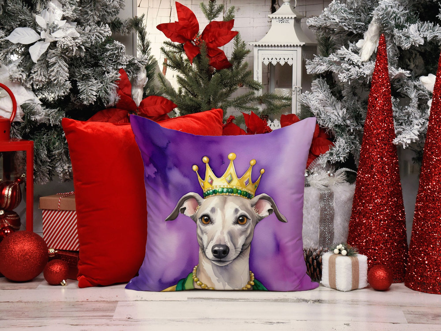 Whippet King of Mardi Gras Throw Pillow Machine Washable, Indoor Outdoor Decorative Pillow for Couch, Bed or Patio, 14Hx14W