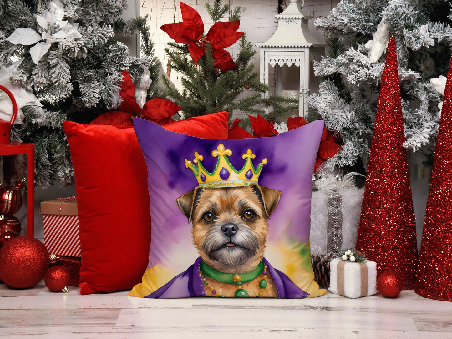 Border Terrier King of Mardi Gras Throw Pillow Machine Washable, Indoor Outdoor Decorative Pillow for Couch, Bed or Patio, 14Hx14W