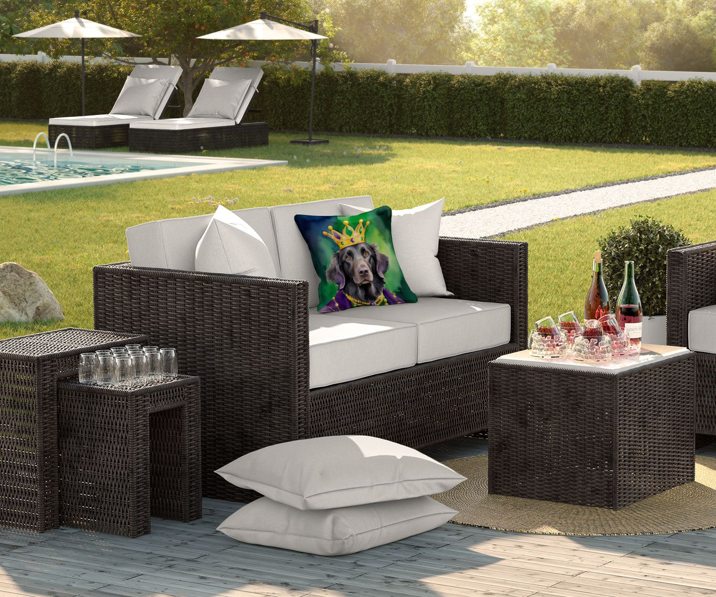 Flat-Coated Retriever King of Mardi Gras Throw Pillow Machine Washable, Indoor Outdoor Decorative Pillow for Couch, Bed or Patio, 18Hx18W