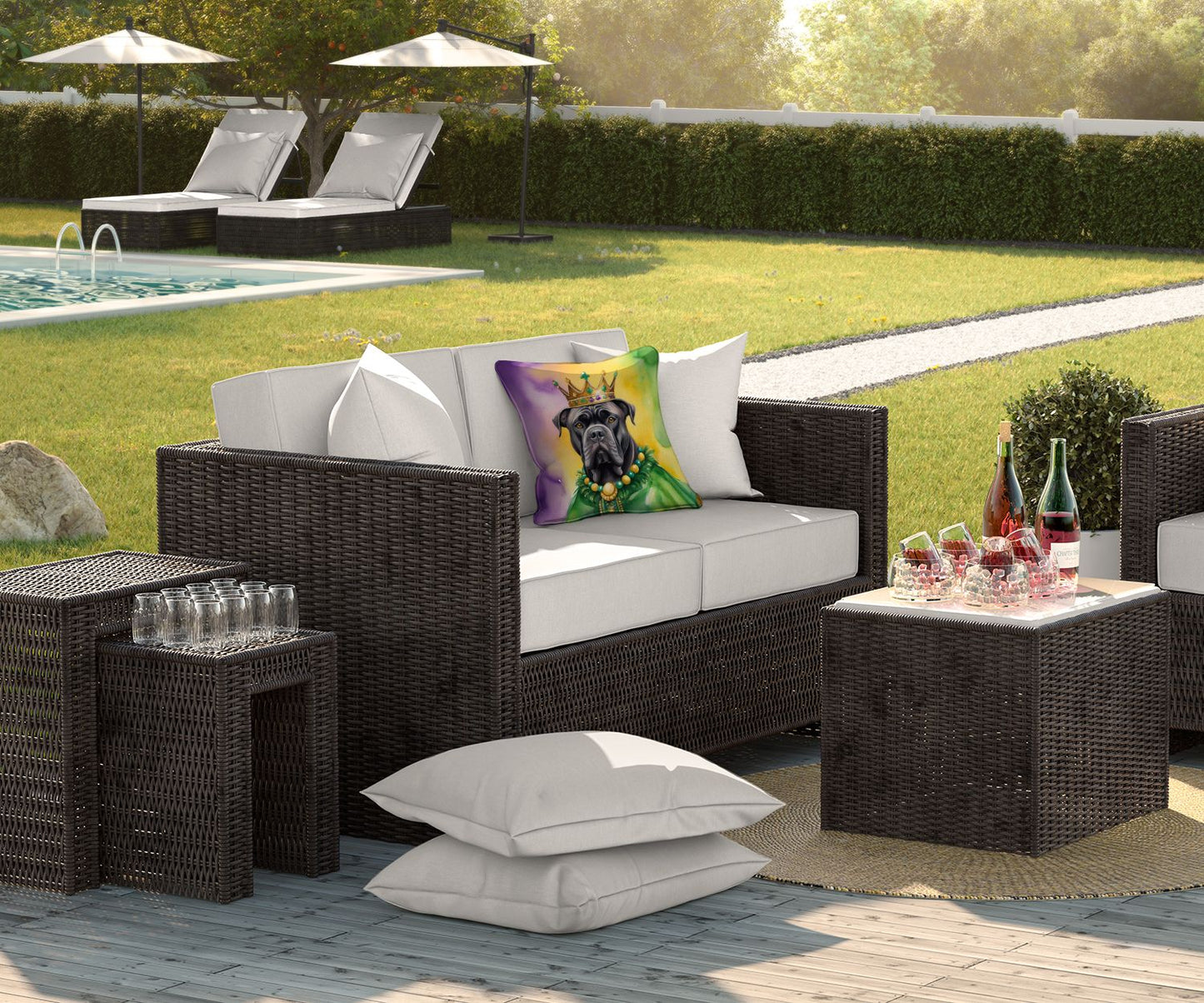 Cane Corso King of Mardi Gras Throw Pillow Machine Washable, Indoor Outdoor Decorative Pillow for Couch, Bed or Patio, 18Hx18W