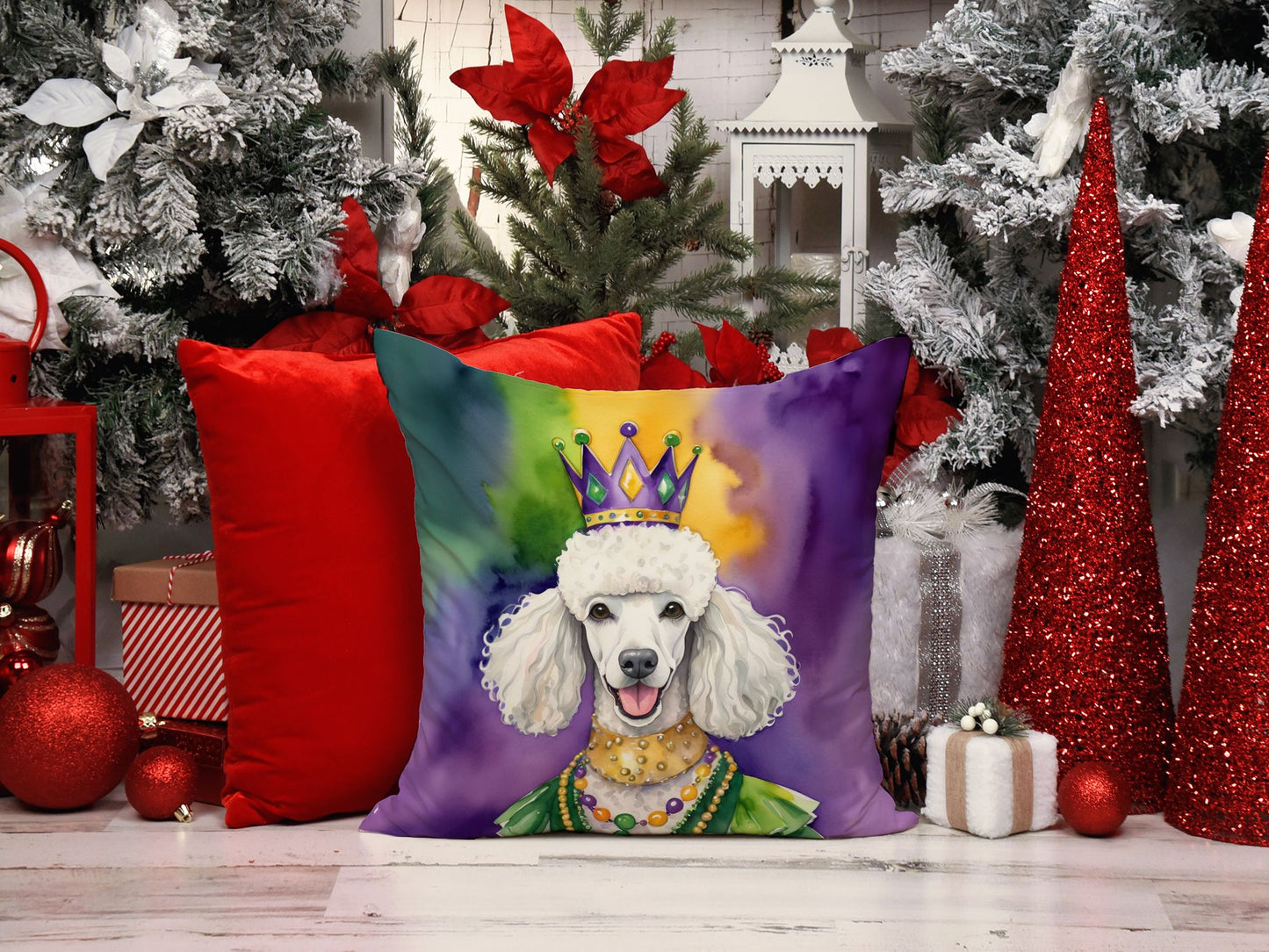 White Poodle King of Mardi Gras Throw Pillow Machine Washable, Indoor Outdoor Decorative Pillow for Couch, Bed or Patio, 14Hx14W