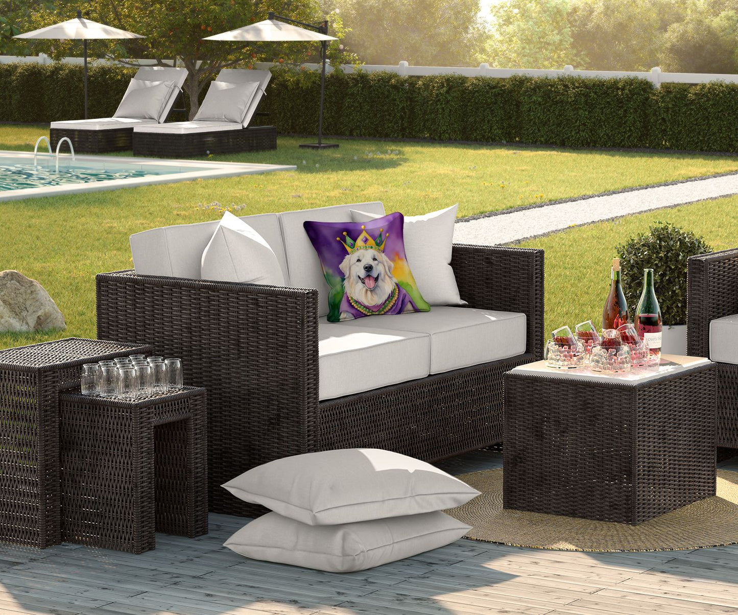 Great Pyrenees King of Mardi Gras Throw Pillow Machine Washable, Indoor Outdoor Decorative Pillow for Couch, Bed or Patio, 18Hx18W