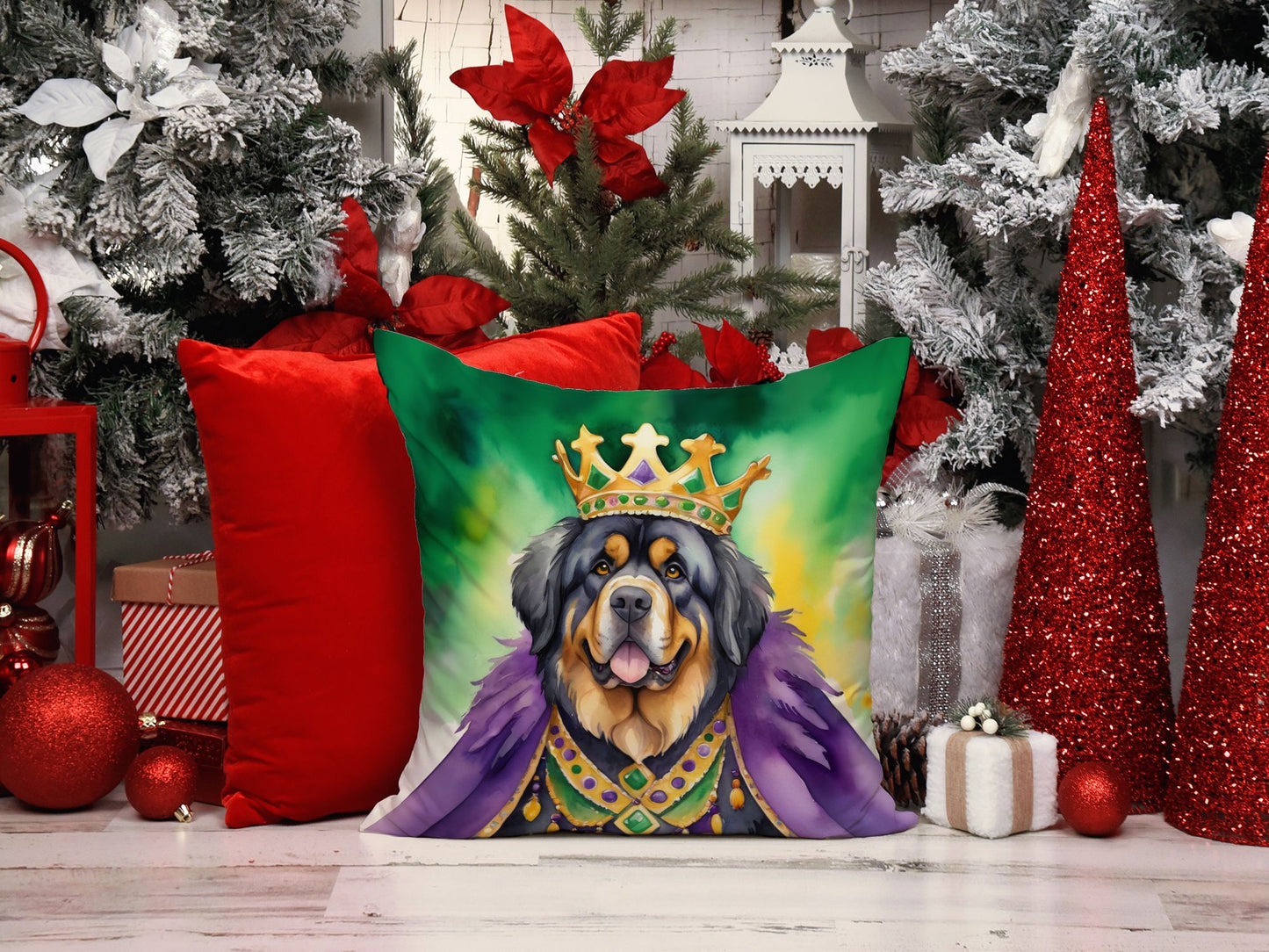 Tibetan Mastiff King of Mardi Gras Throw Pillow Machine Washable, Indoor Outdoor Decorative Pillow for Couch, Bed or Patio, 14Hx14W