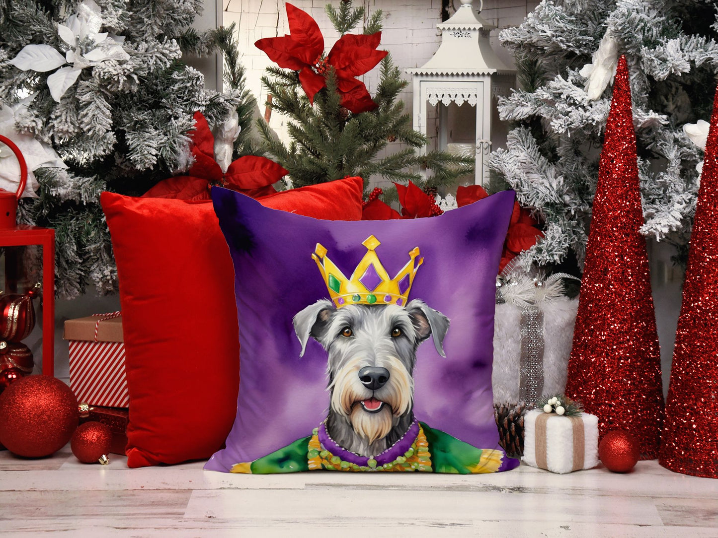 Irish Wolfhound King of Mardi Gras Throw Pillow Machine Washable, Indoor Outdoor Decorative Pillow for Couch, Bed or Patio, 14Hx14W