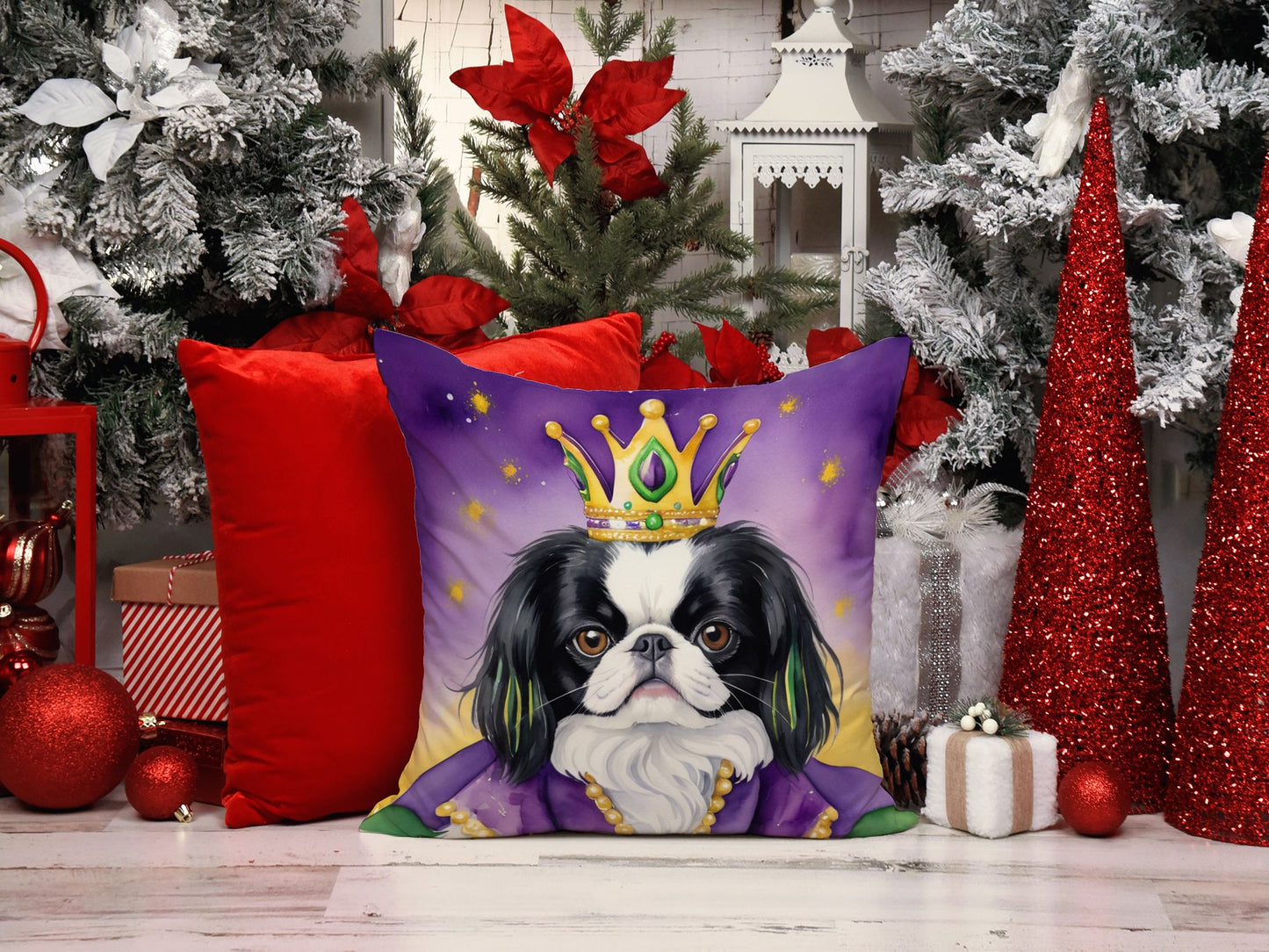 Japanese Chin King of Mardi Gras Throw Pillow Machine Washable, Indoor Outdoor Decorative Pillow for Couch, Bed or Patio, 14Hx14W