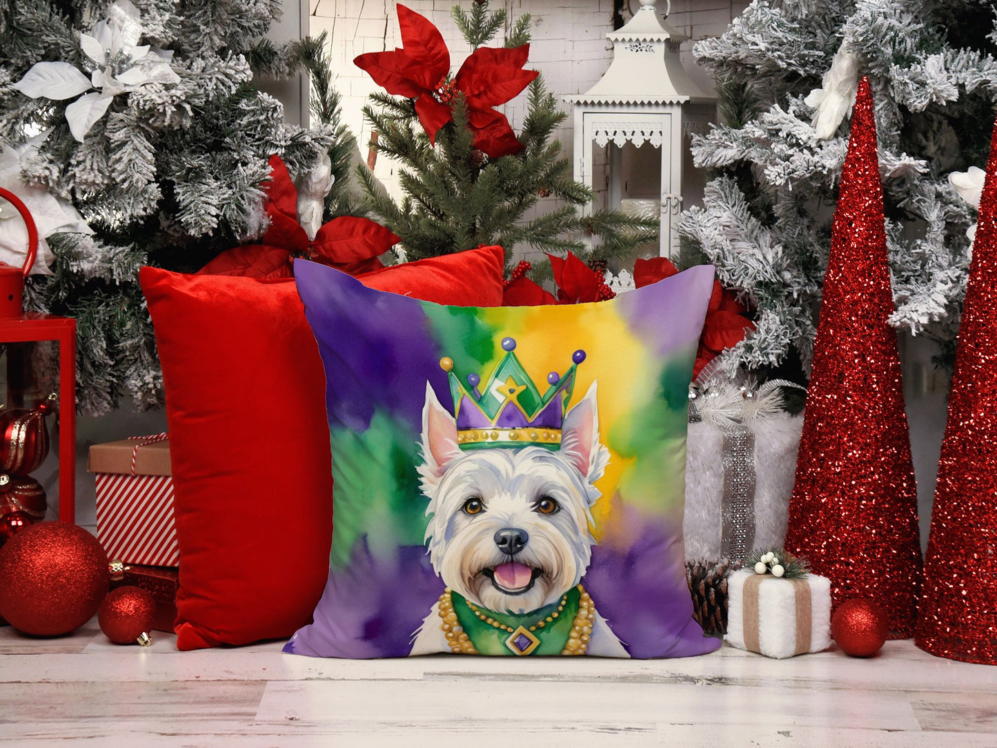 Westie King of Mardi Gras Throw Pillow Machine Washable, Indoor Outdoor Decorative Pillow for Couch, Bed or Patio, 14Hx14W