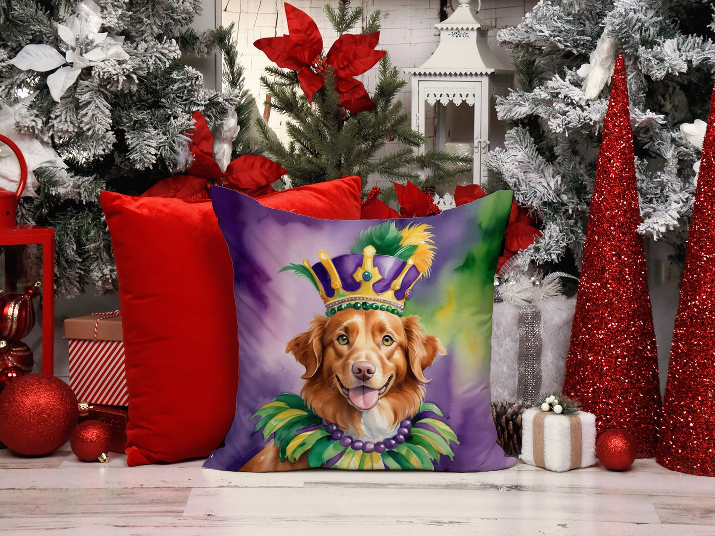 Nova Scotia Duck Tolling Retriever King of Mardi Gras Throw Pillow Machine Washable, Indoor Outdoor Decorative Pillow for Couch, Bed or Patio, 14Hx14W