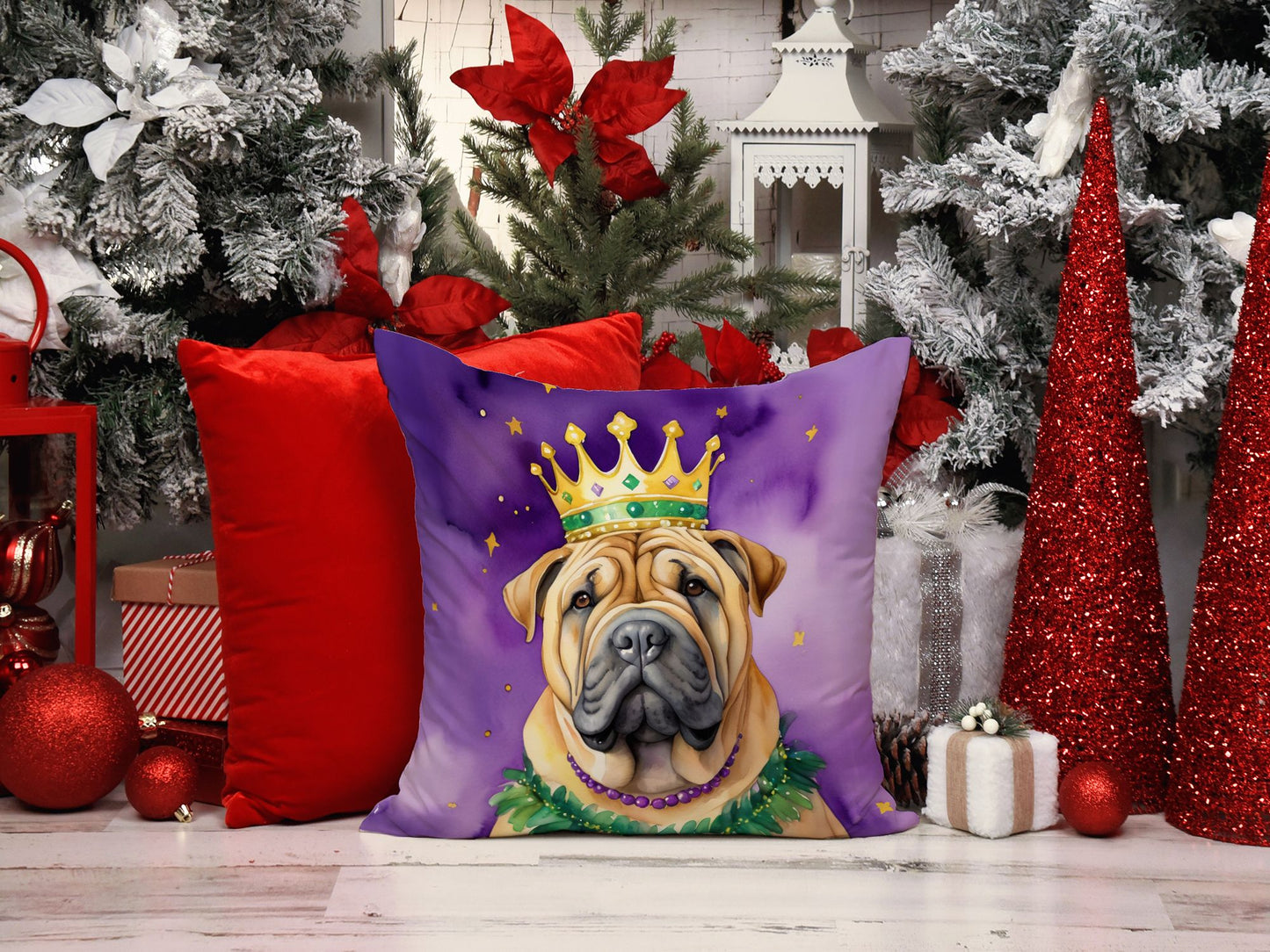 Shar Pei King of Mardi Gras Throw Pillow Machine Washable, Indoor Outdoor Decorative Pillow for Couch, Bed or Patio, 14Hx14W