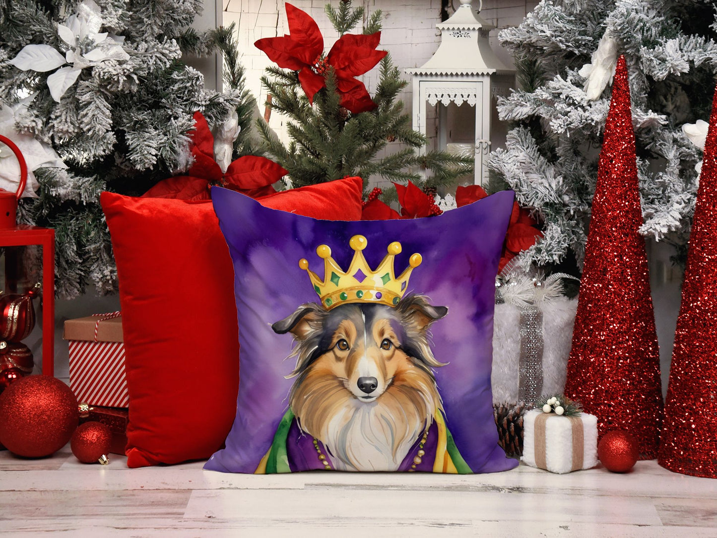 Sheltie King of Mardi Gras Throw Pillow Machine Washable, Indoor Outdoor Decorative Pillow for Couch, Bed or Patio, 14Hx14W