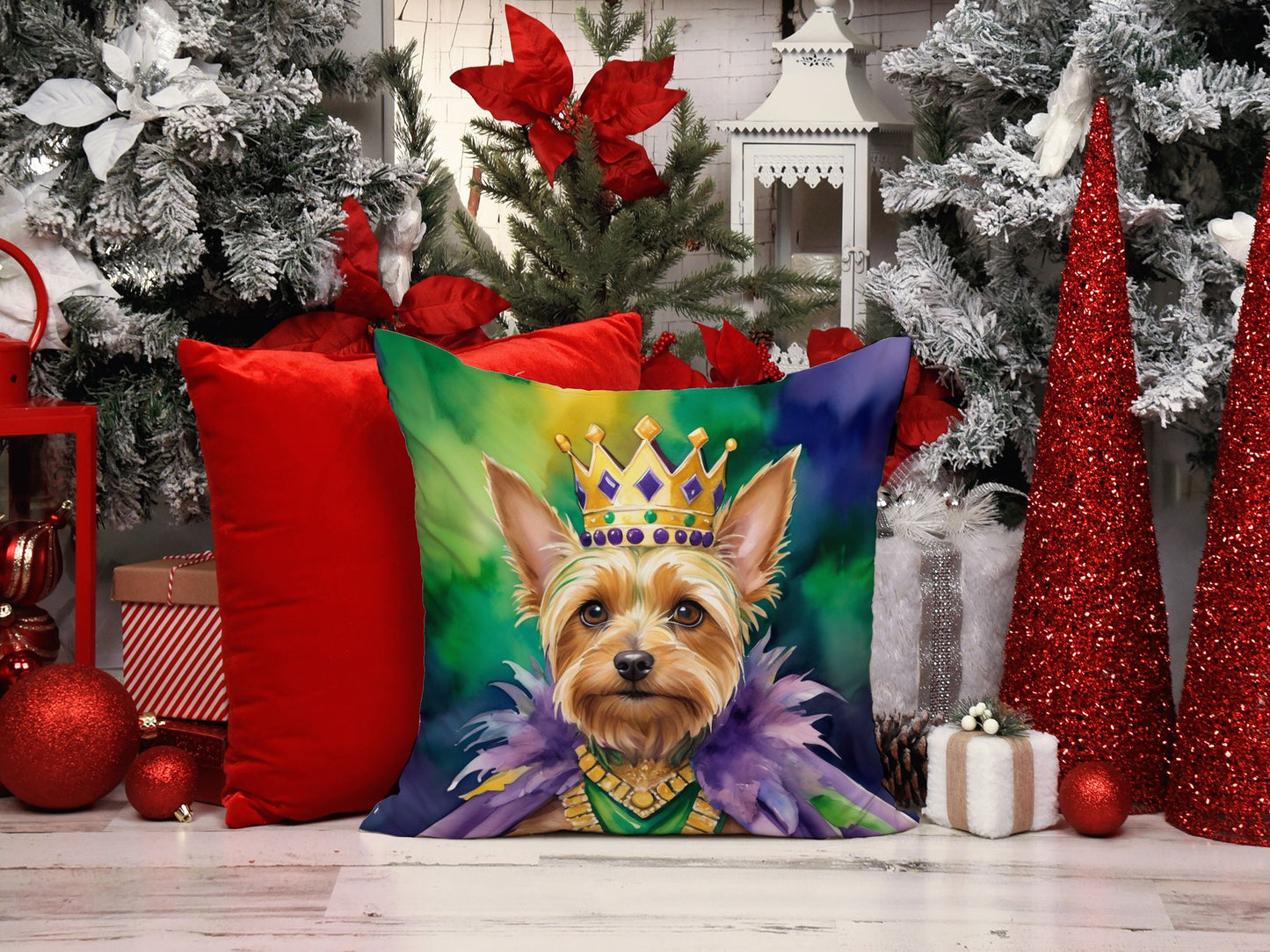 Silky Terrier King of Mardi Gras Throw Pillow Machine Washable, Indoor Outdoor Decorative Pillow for Couch, Bed or Patio, 14Hx14W