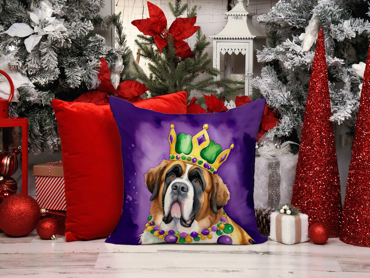 Saint Bernard King of Mardi Gras Throw Pillow Machine Washable, Indoor Outdoor Decorative Pillow for Couch, Bed or Patio, 14Hx14W