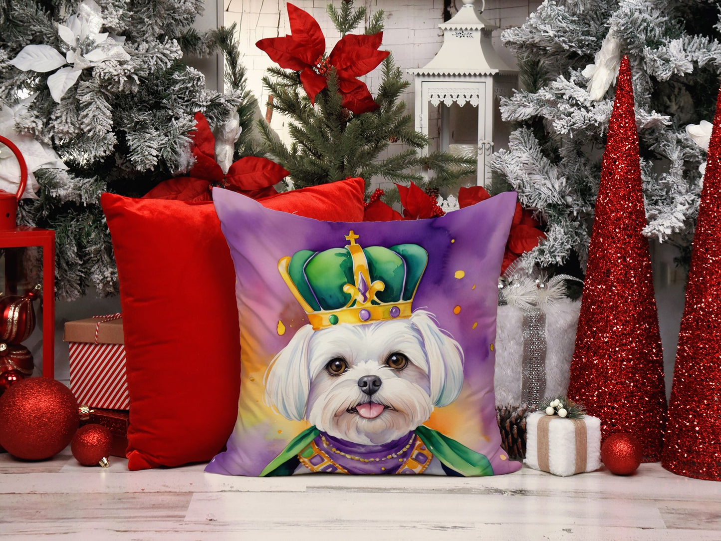 Maltese King of Mardi Gras Throw Pillow Machine Washable, Indoor Outdoor Decorative Pillow for Couch, Bed or Patio, 14Hx14W