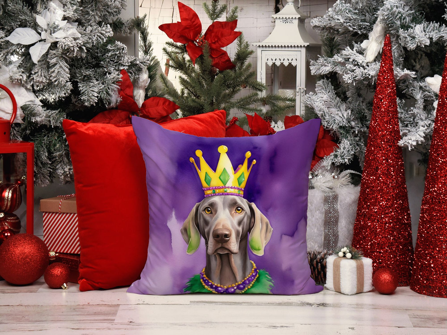 Weimaraner King of Mardi Gras Throw Pillow Machine Washable, Indoor Outdoor Decorative Pillow for Couch, Bed or Patio, 14Hx14W
