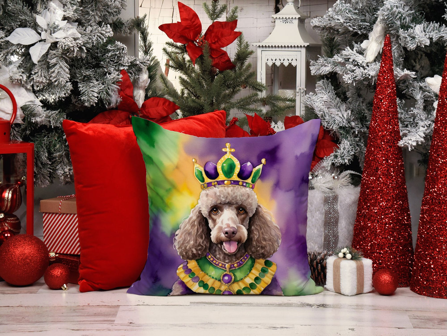 Chocolate Poodle King of Mardi Gras Throw Pillow Machine Washable, Indoor Outdoor Decorative Pillow for Couch, Bed or Patio, 14Hx14W