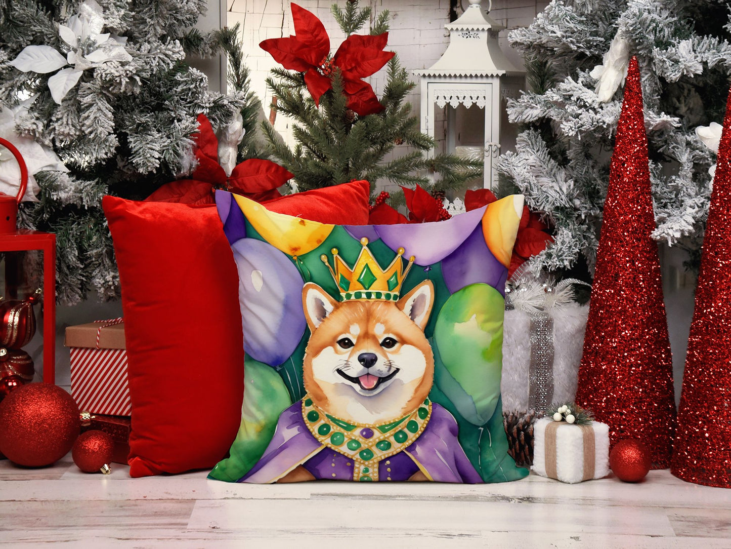 Shiba Inu King of Mardi Gras Throw Pillow Machine Washable, Indoor Outdoor Decorative Pillow for Couch, Bed or Patio, 14Hx14W