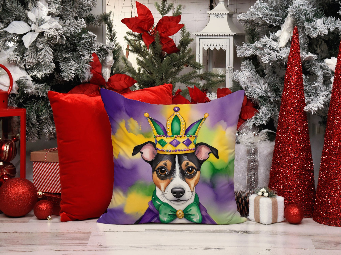 Jack Russell Terrier King of Mardi Gras Throw Pillow Machine Washable, Indoor Outdoor Decorative Pillow for Couch, Bed or Patio, 14Hx14W