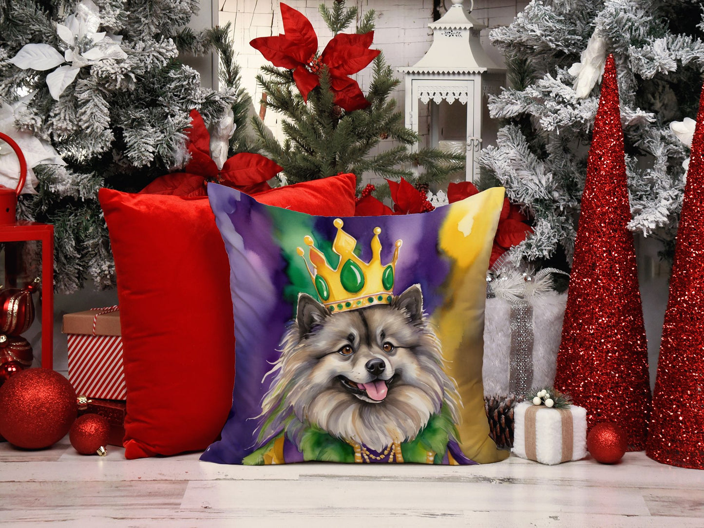 Keeshond King of Mardi Gras Throw Pillow Machine Washable, Indoor Outdoor Decorative Pillow for Couch, Bed or Patio, 14Hx14W