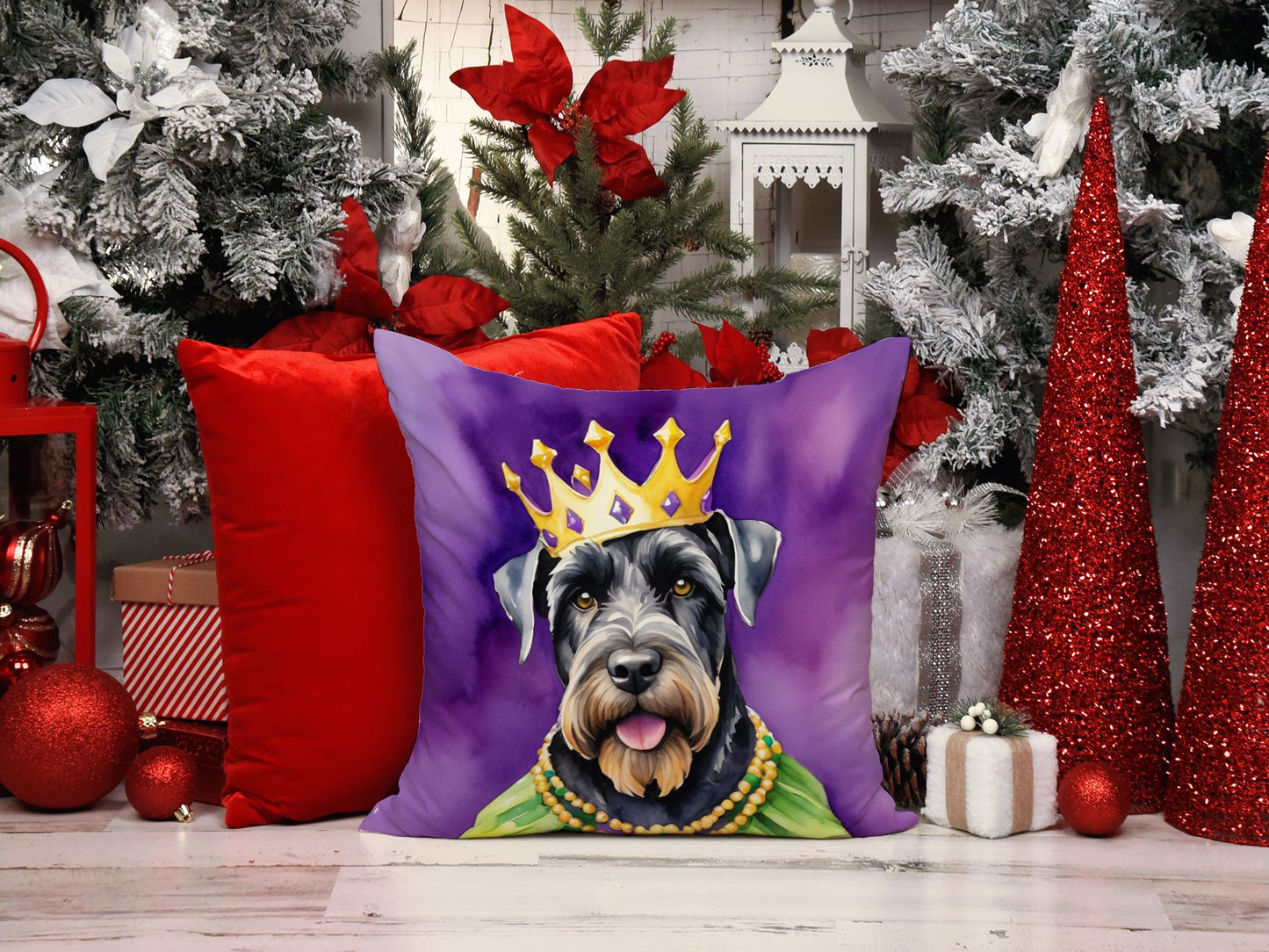 Giant Schnauzer King of Mardi Gras Throw Pillow Machine Washable, Indoor Outdoor Decorative Pillow for Couch, Bed or Patio, 14Hx14W