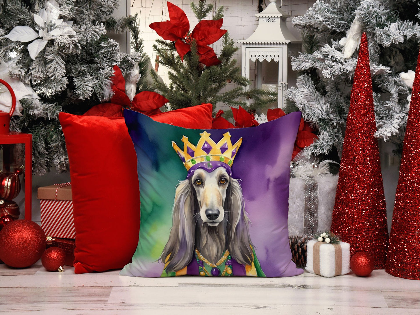 Afghan Hound King of Mardi Gras Throw Pillow Machine Washable, Indoor Outdoor Decorative Pillow for Couch, Bed or Patio, 14Hx14W
