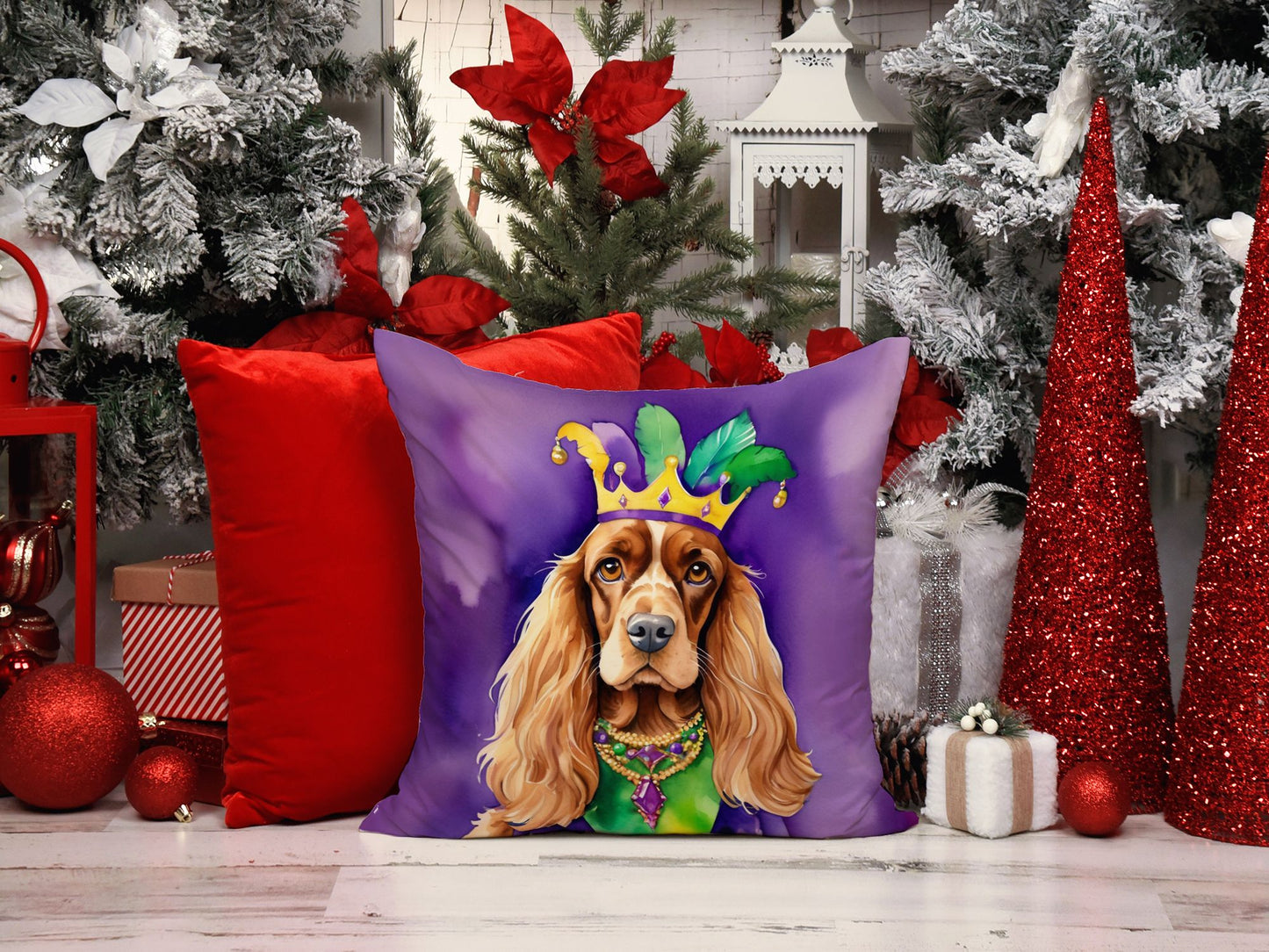 English Cocker Spaniel King of Mardi Gras Throw Pillow Machine Washable, Indoor Outdoor Decorative Pillow for Couch, Bed or Patio, 14Hx14W