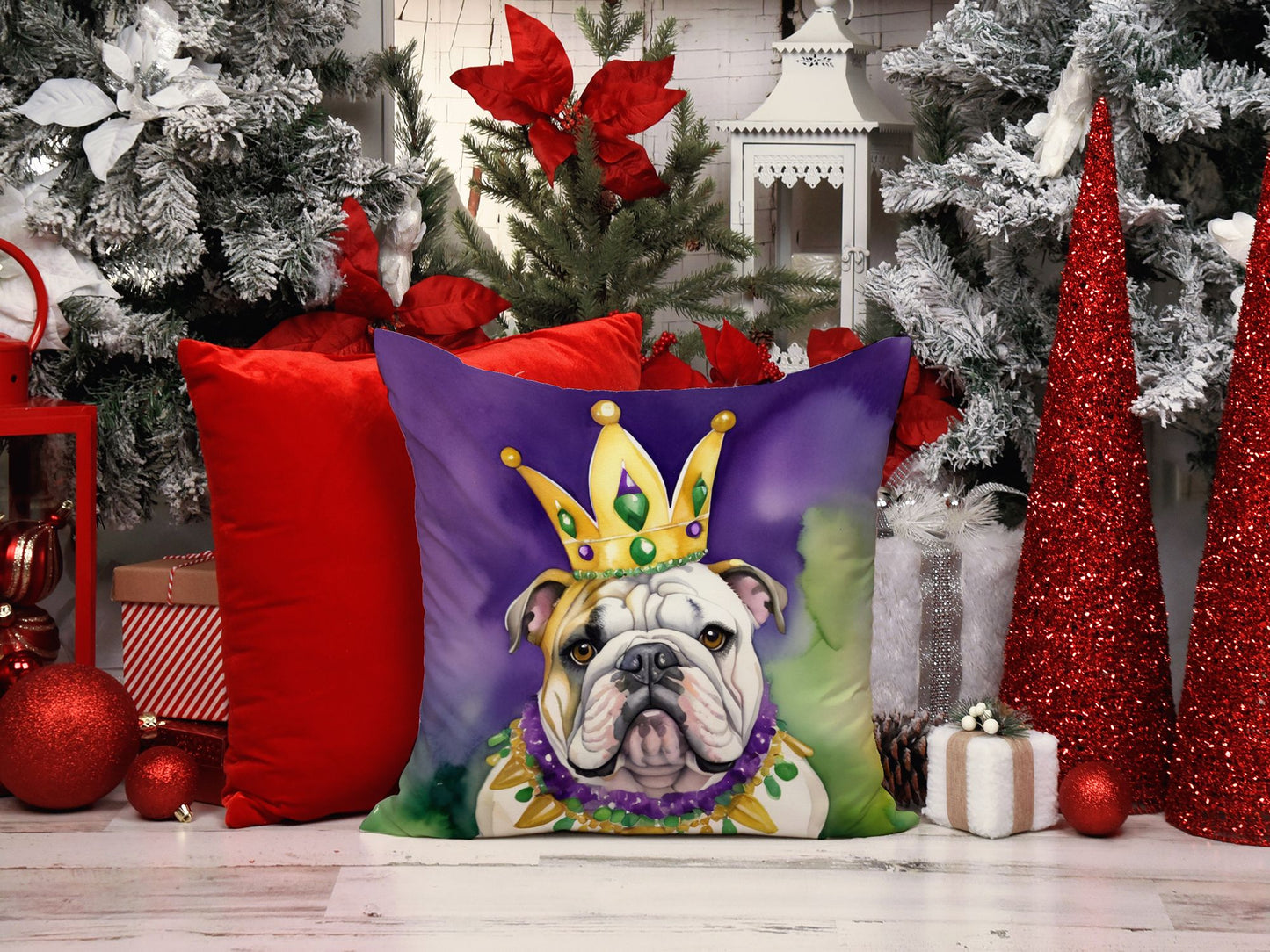 English Bulldog King of Mardi Gras Throw Pillow Machine Washable, Indoor Outdoor Decorative Pillow for Couch, Bed or Patio, 14Hx14W