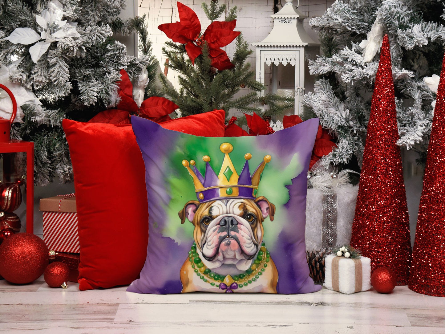 English Bulldog King of Mardi Gras Throw Pillow Machine Washable, Indoor Outdoor Decorative Pillow for Couch, Bed or Patio, 14Hx14W