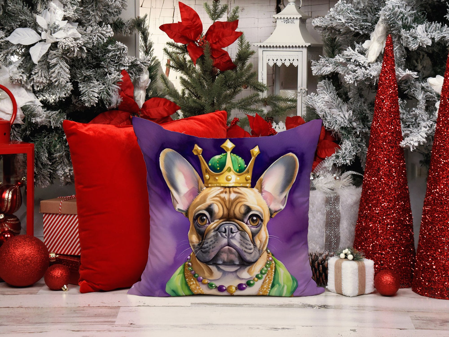 French Bulldog King of Mardi Gras Throw Pillow Machine Washable, Indoor Outdoor Decorative Pillow for Couch, Bed or Patio, 14Hx14W
