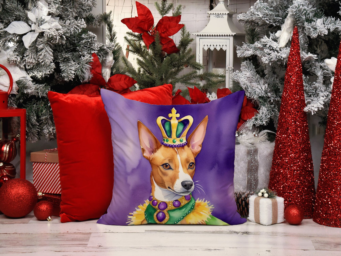 Basenji King of Mardi Gras Throw Pillow Machine Washable, Indoor Outdoor Decorative Pillow for Couch, Bed or Patio, 14Hx14W