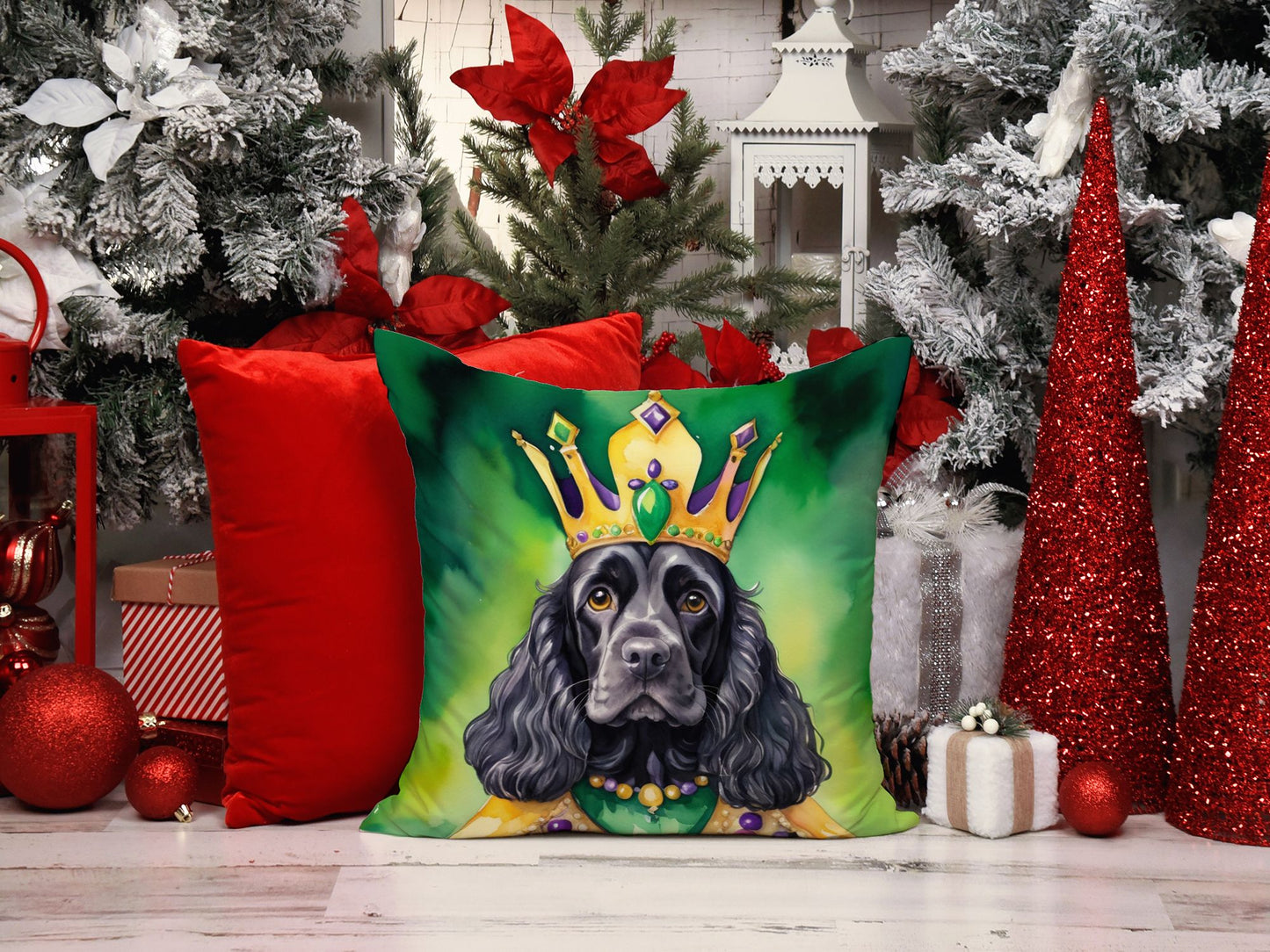 Cocker Spaniel King of Mardi Gras Throw Pillow Machine Washable, Indoor Outdoor Decorative Pillow for Couch, Bed or Patio, 14Hx14W
