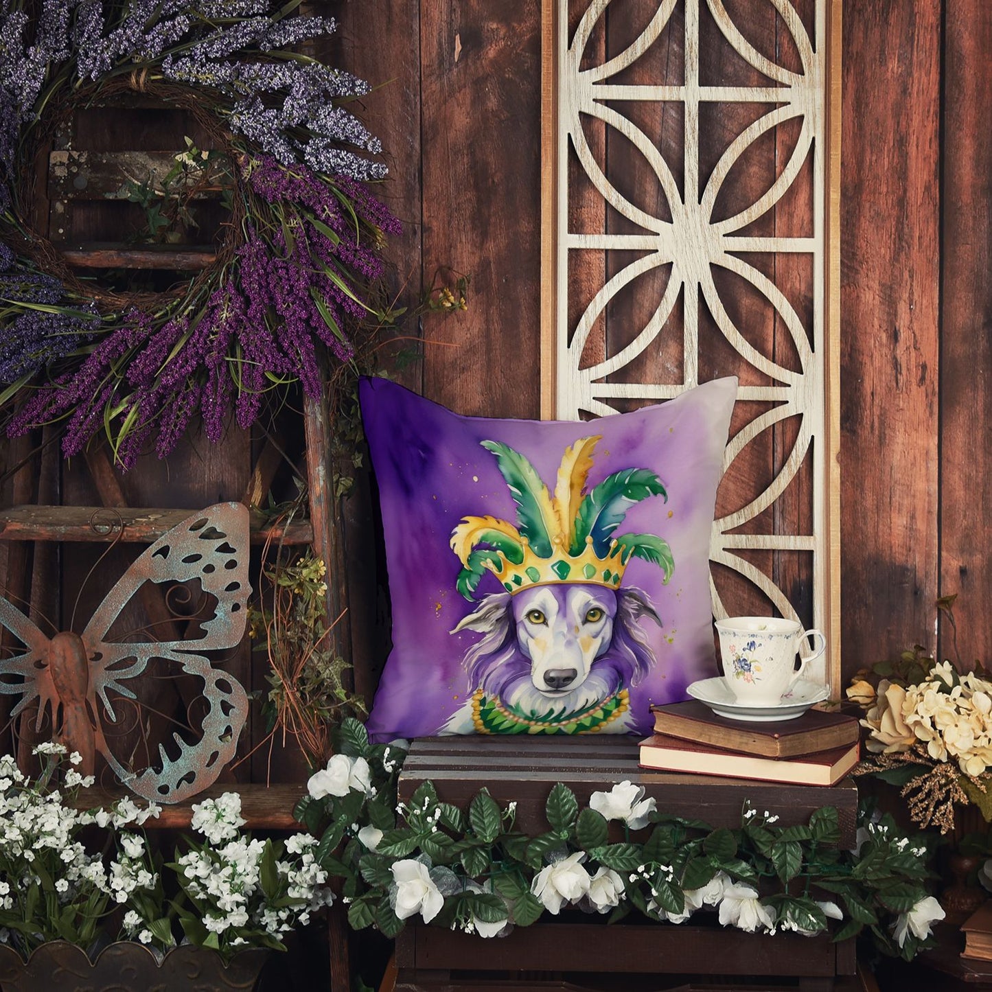 Borzoi King of Mardi Gras Throw Pillow Machine Washable, Indoor Outdoor Decorative Pillow for Couch, Bed or Patio, 14Hx14W